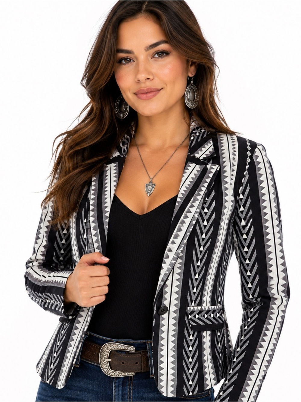 Rock & Roll Cowgirl Aztec Print Blazer Jacket Womens Medium Western Black Gray